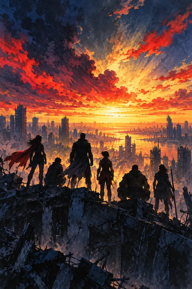 ภาพวาดกลุ่มฮีโร่มองท้องฟ้าเหนือเมืองประกอบบทความ Avengers: Endgame