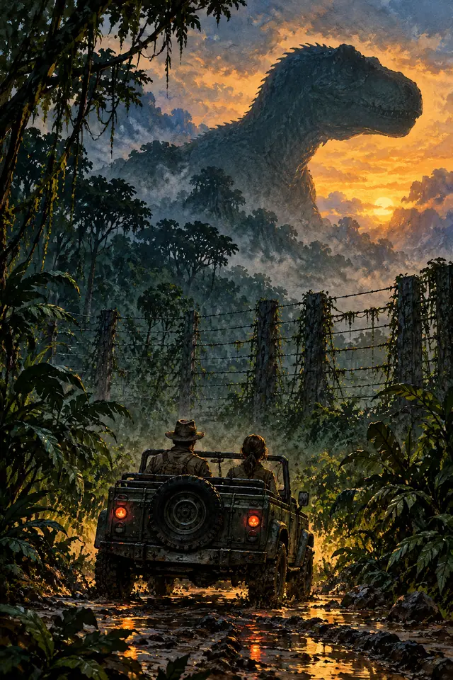 ภาพวาดไดโนเสาร์ในป่าหมอกประกอบบทความ Jurassic Park และ Jurassic World